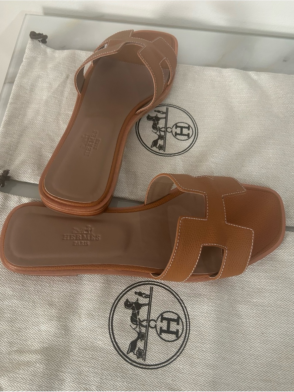 Hermes Brown Oran H-Logo Leather Slide Sandals